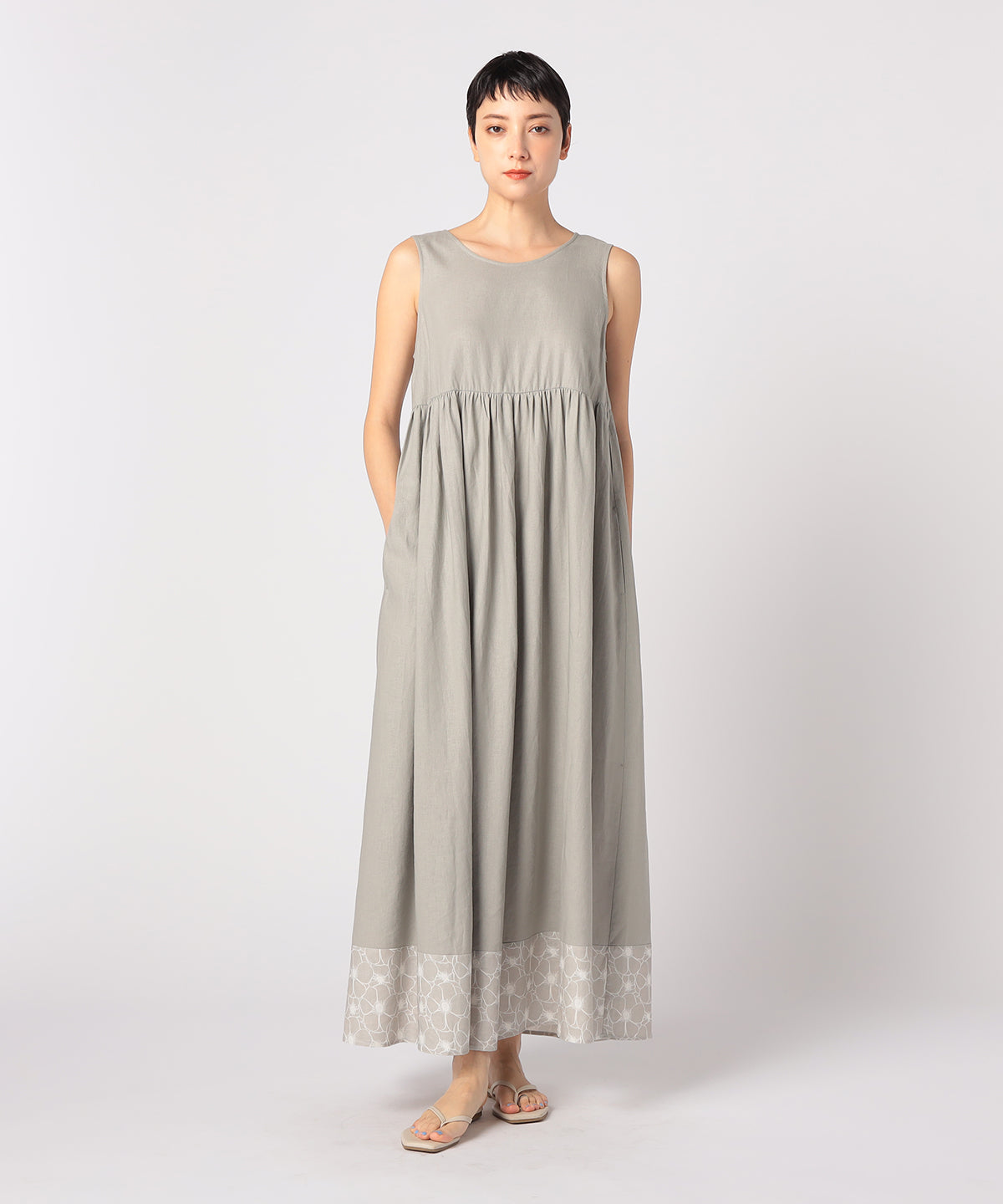 African Textile Hem Nosleeve Onepiece GRAY