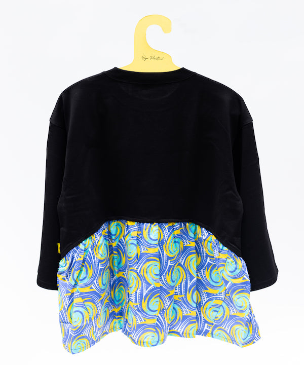 African Fabric Back Gather Long T-shirts 005 BLACK