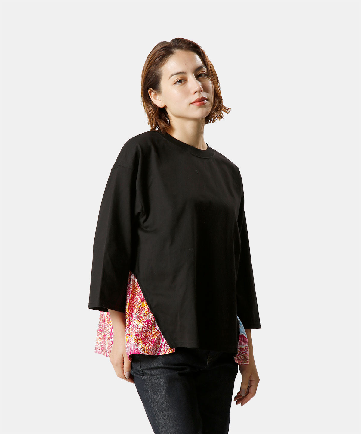 African Fabric Back Gather Long T-shirts 005 BLACK