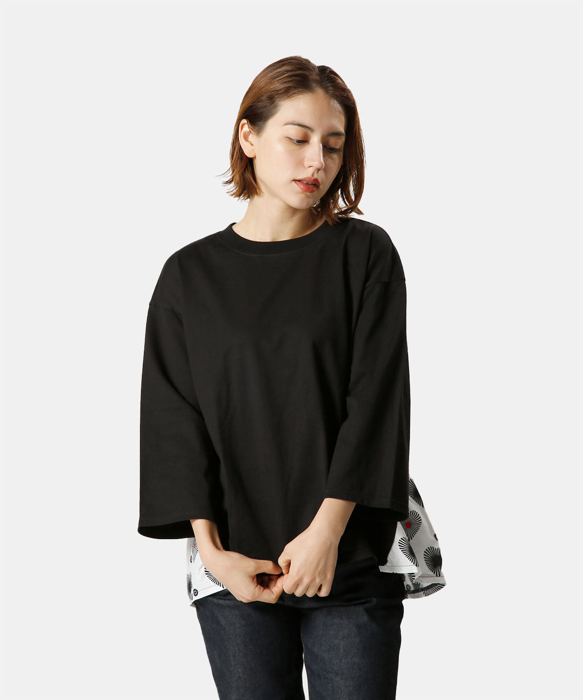 African Fabric Back Gather Long T-shirts 005 BLACK