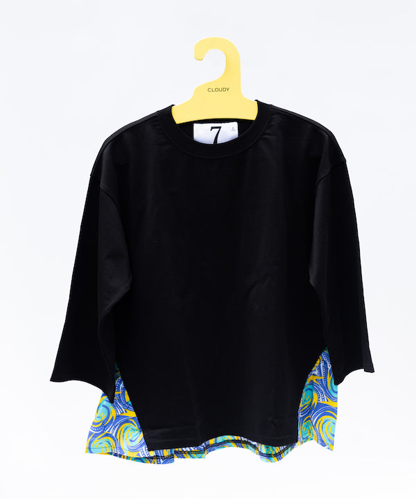 African Fabric Back Gather Long T-shirts 005 BLACK