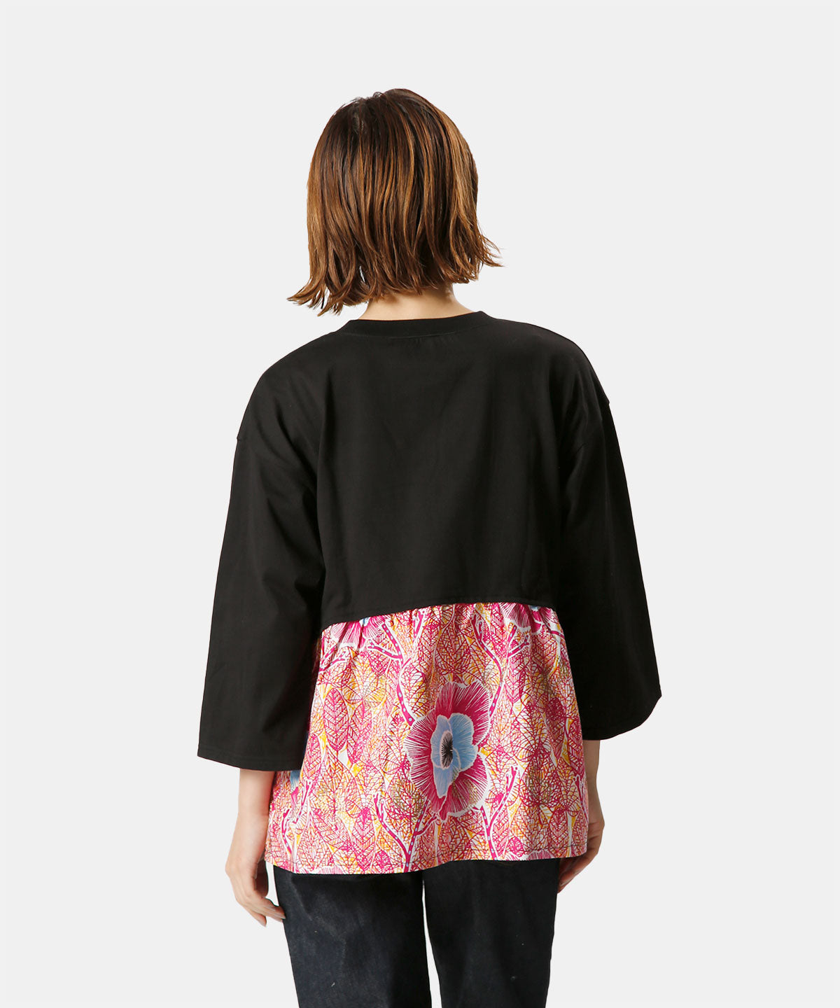 African Fabric Back Gather Long T-shirts 005 BLACK