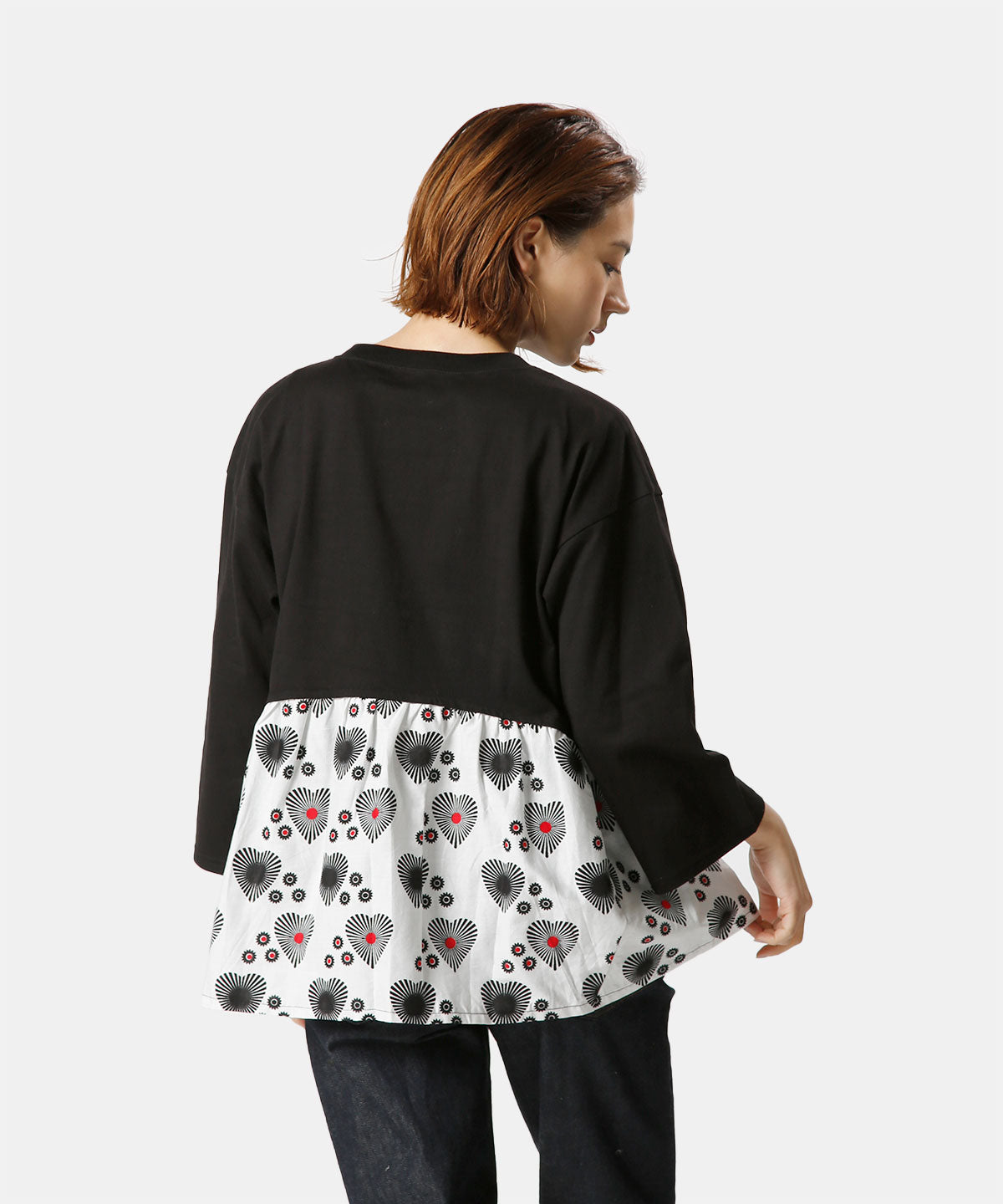 African Fabric Back Gather Long T-shirts 005 BLACK