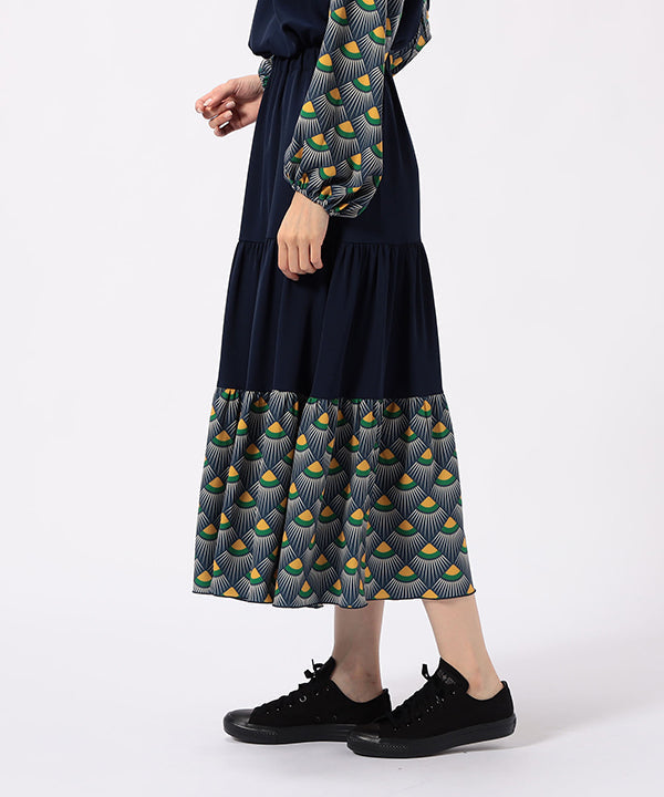 Tiered Skirt with Textile Pattern Hem NAVY