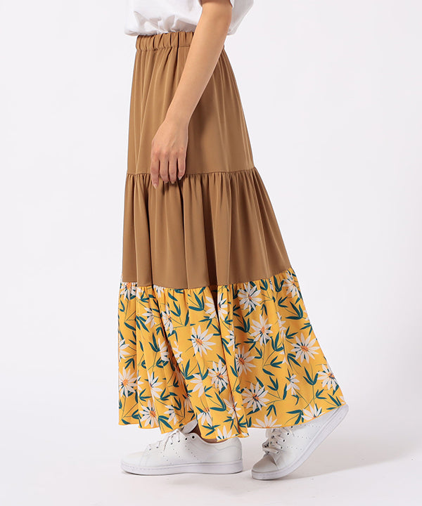 Tiered Skirt with Textile Pattern Hem BEIGE