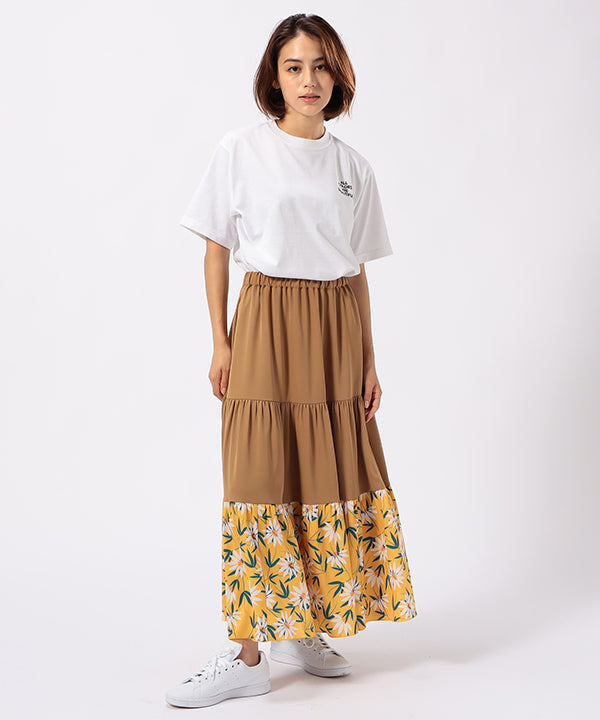 Tiered Skirt with Textile Pattern Hem BEIGE