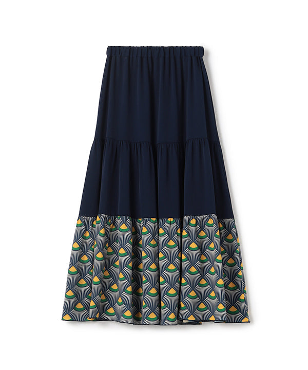 Tiered Skirt with Textile Pattern Hem NAVY