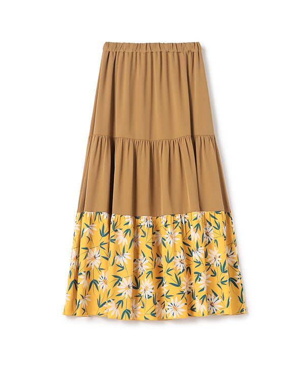 Tiered Skirt with Textile Pattern Hem BEIGE