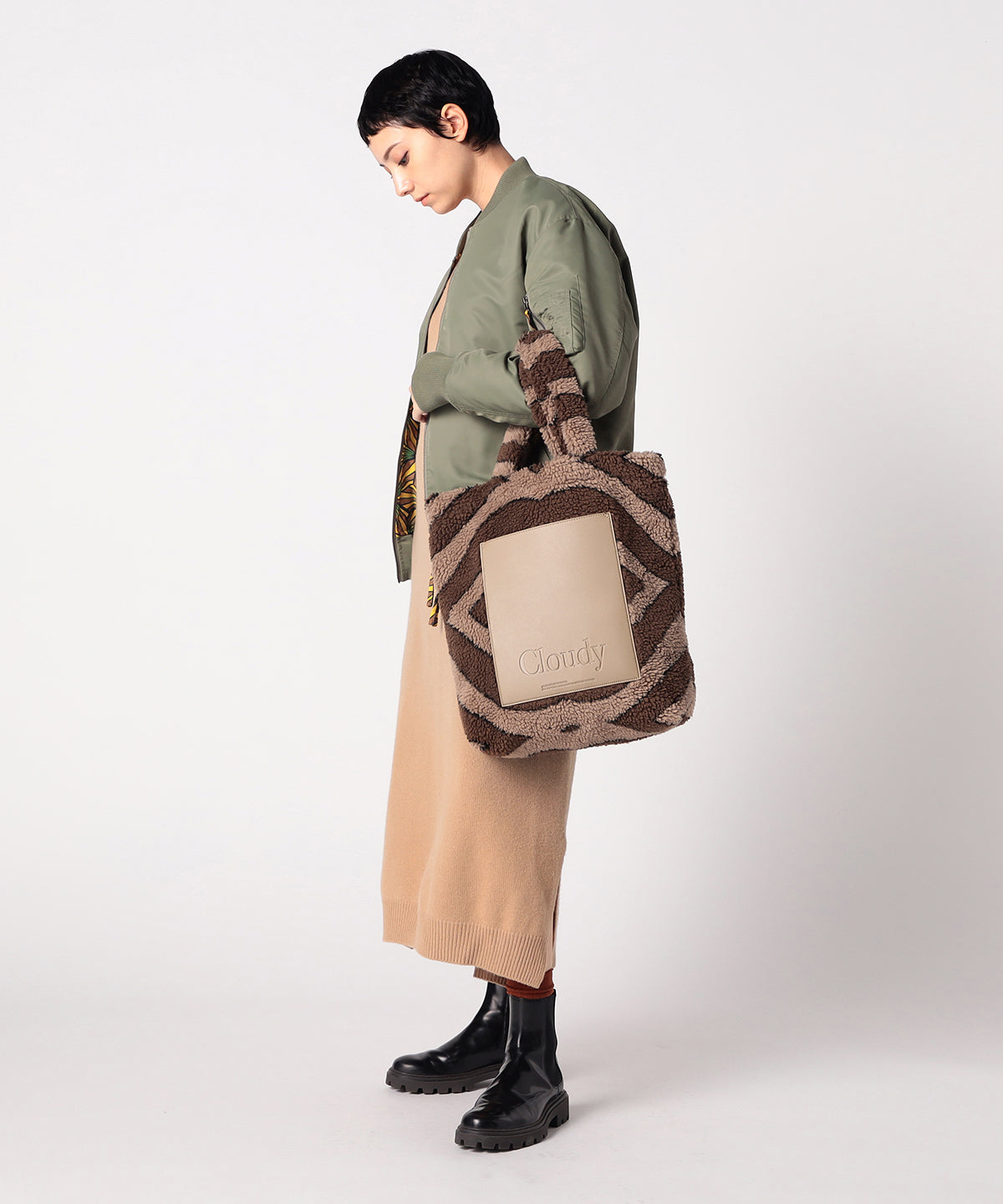 ボアトートバッグ ブラウン