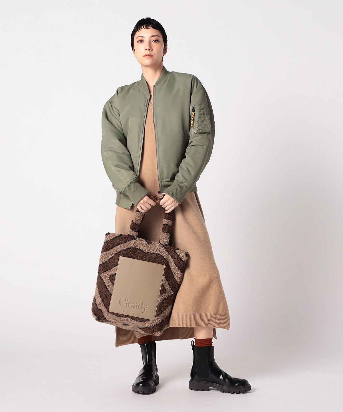 ボアトートバッグ ブラウン