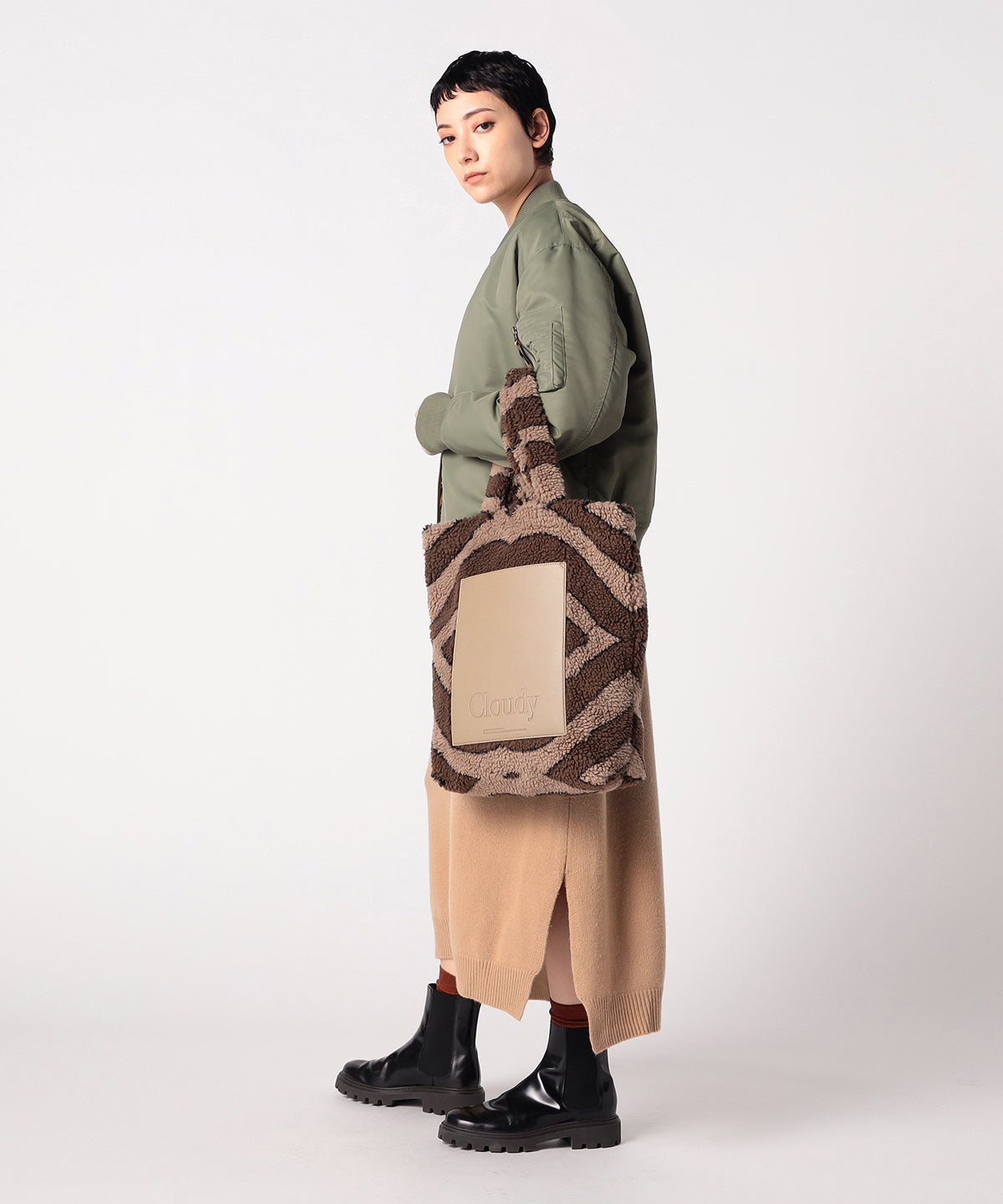 ボアトートバッグ ブラウン