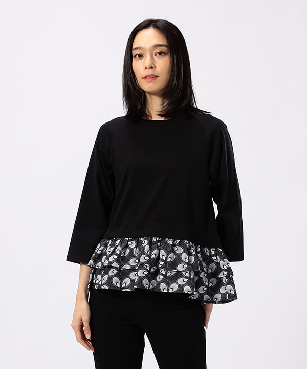 Cut and Sew with Textile Pattern Frilled Hem BLACK