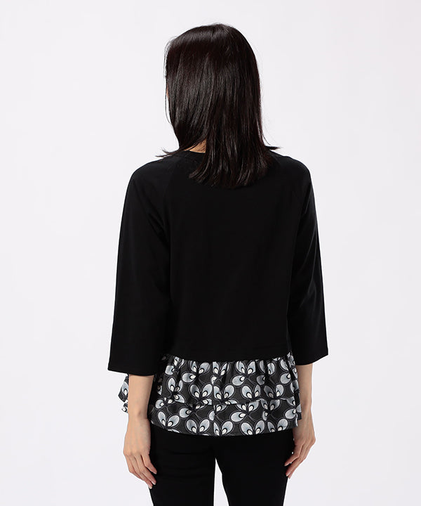 Cut and Sew with Textile Pattern Frilled Hem BLACK