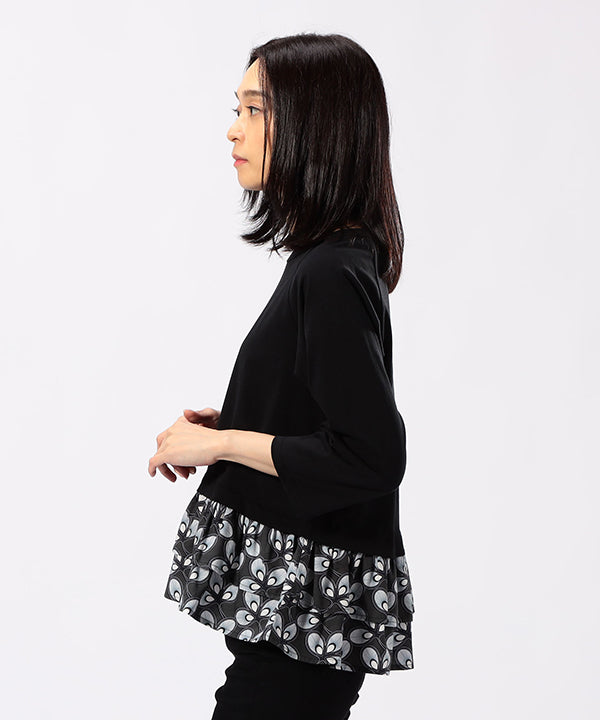 Cut and Sew with Textile Pattern Frilled Hem BLACK