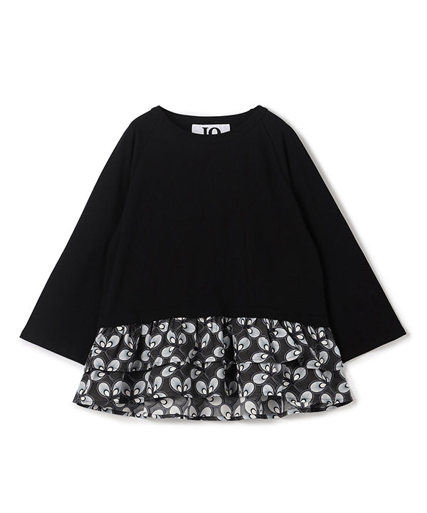 Cut and Sew with Textile Pattern Frilled Hem BLACK