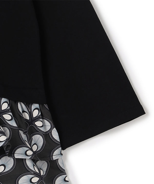 Cut and Sew with Textile Pattern Frilled Hem BLACK