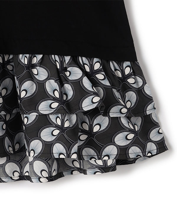 Cut and Sew with Textile Pattern Frilled Hem BLACK