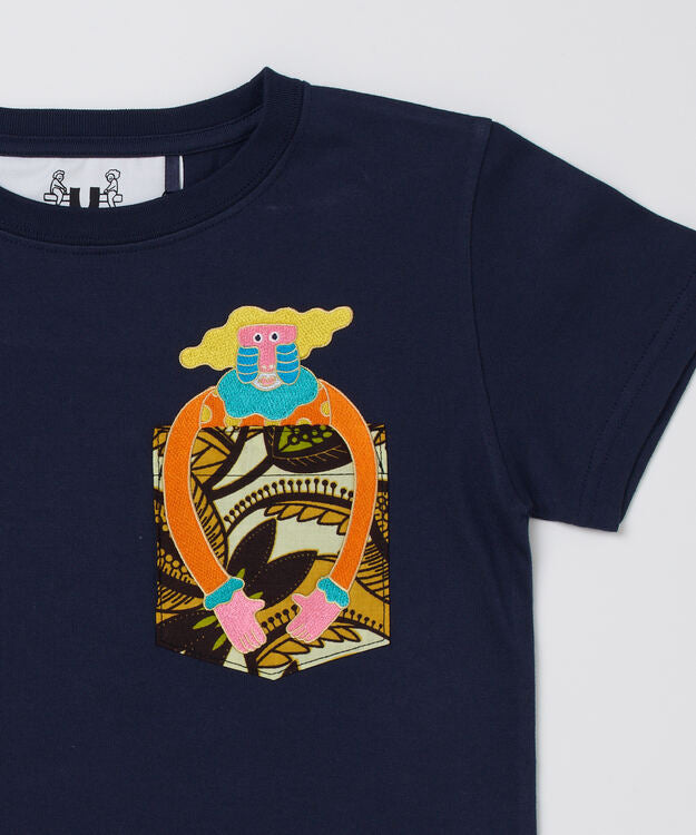 Animals with a little good story Kids Pocket Tshirts 385 NAVY Papio hamadryas