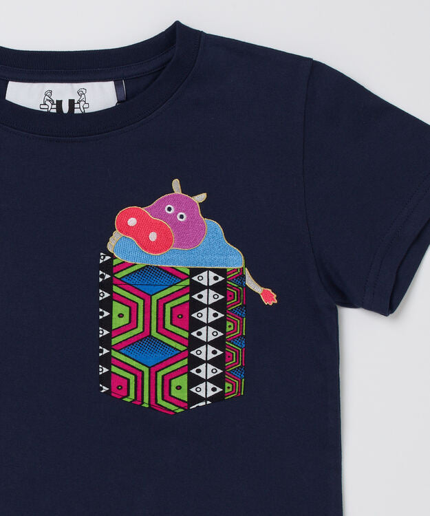 Animals with a little good story Kids Pocket Tshirts 386 NAVY Hippo