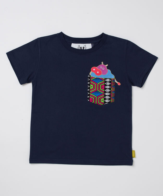 Animals with a little good story Kids Pocket Tshirts 386 NAVY Hippo