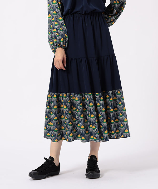 Tiered Skirt with Textile Pattern Hem NAVY
