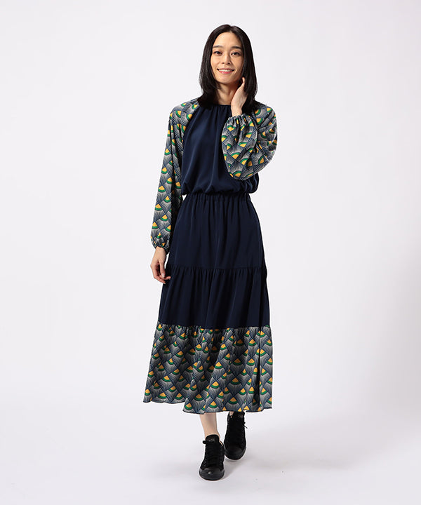 Tiered Skirt with Textile Pattern Hem NAVY