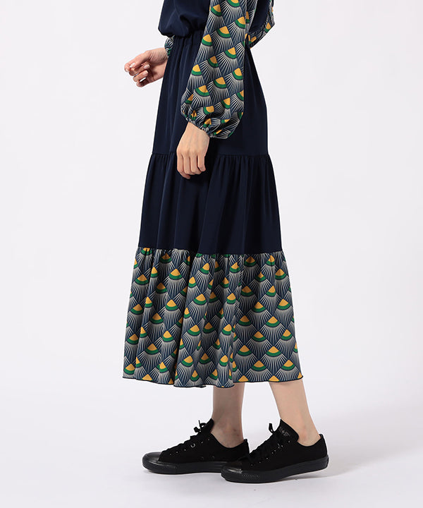 Tiered Skirt with Textile Pattern Hem NAVY