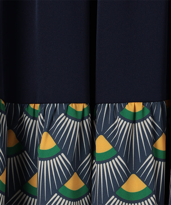 Tiered Skirt with Textile Pattern Hem NAVY