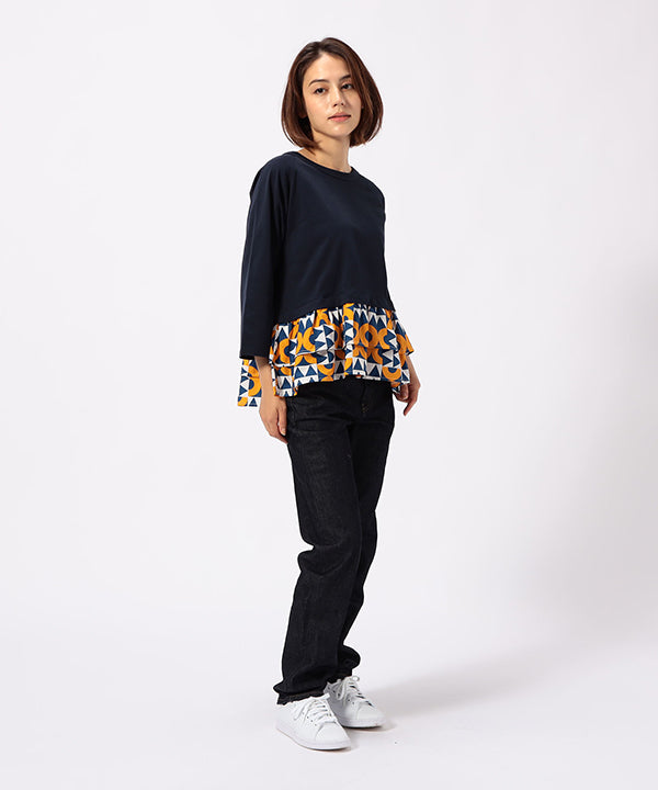 Cut and Sew with Textile Pattern Frilled Hem NAVY