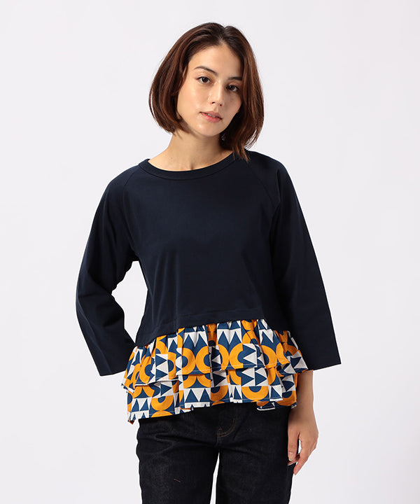 Cut and Sew with Textile Pattern Frilled Hem NAVY
