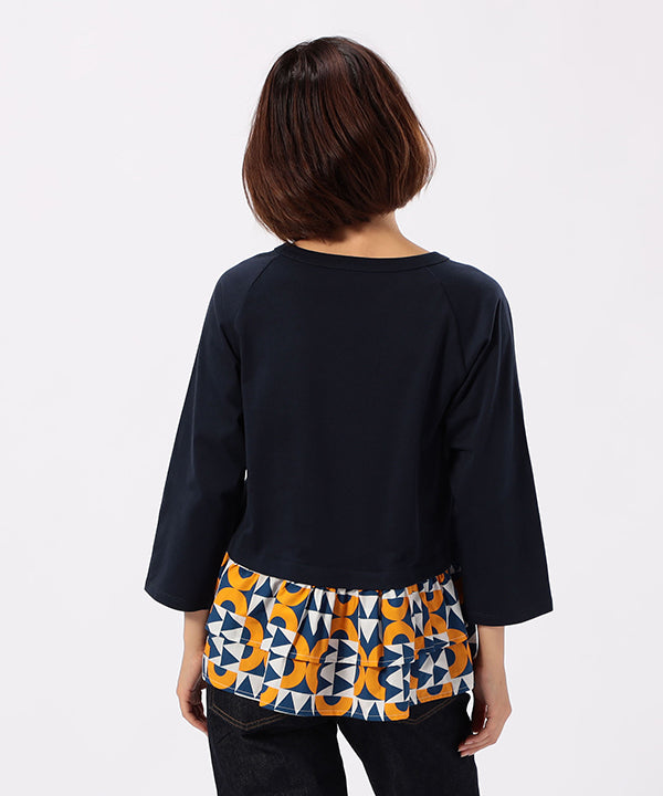 Cut and Sew with Textile Pattern Frilled Hem NAVY