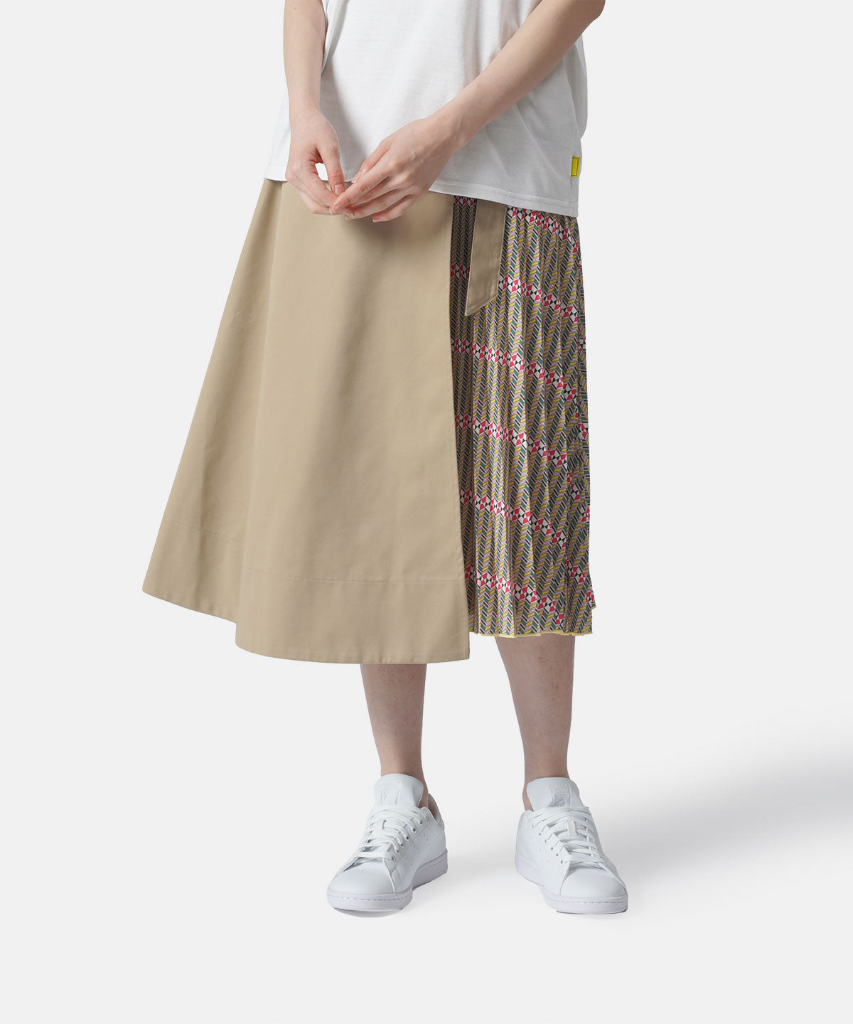 Pleated Combination Wrap Skirt BEIGE × GREEN