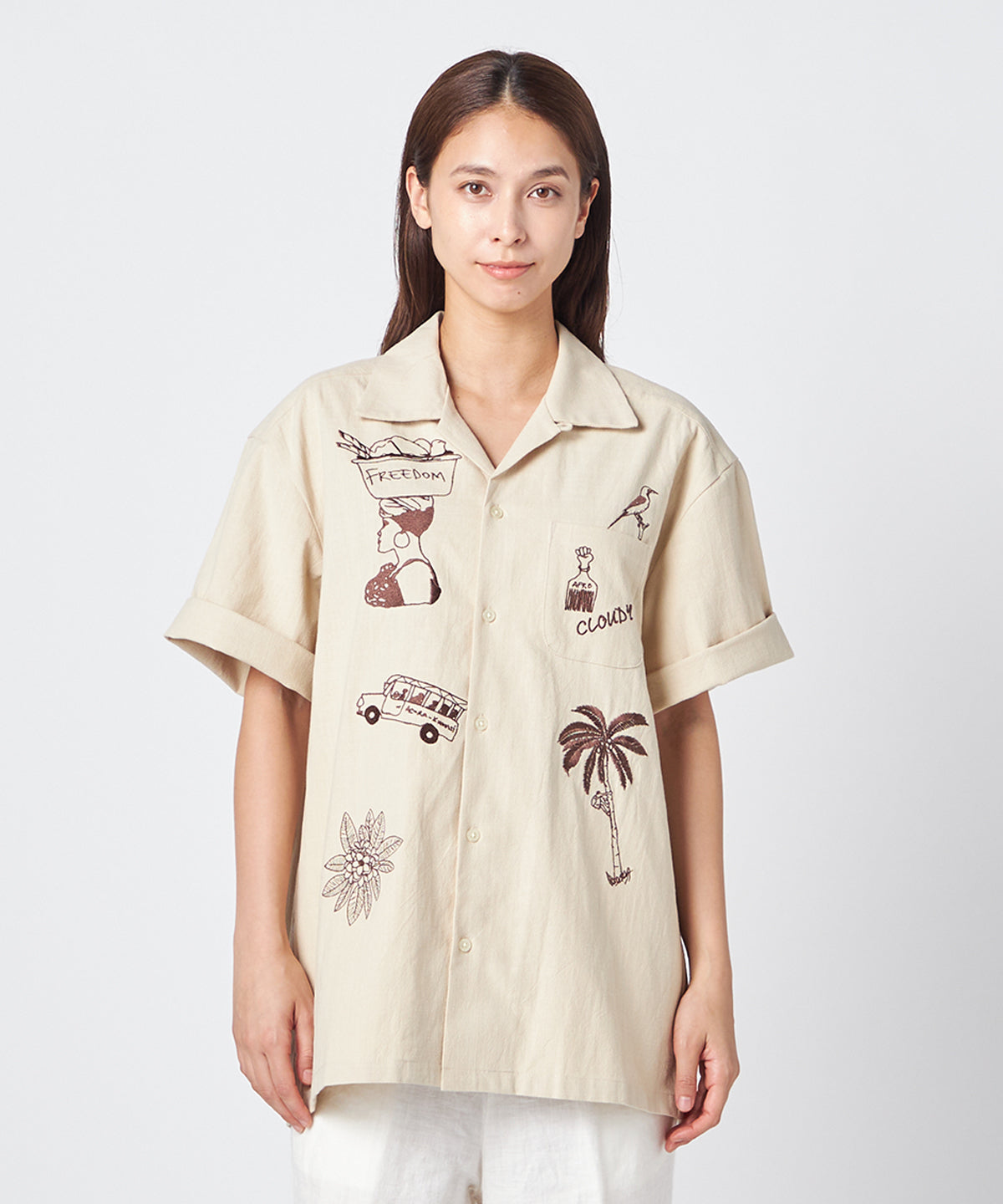 刺繍半袖シャツ "Everyday Ghana" BEIGE