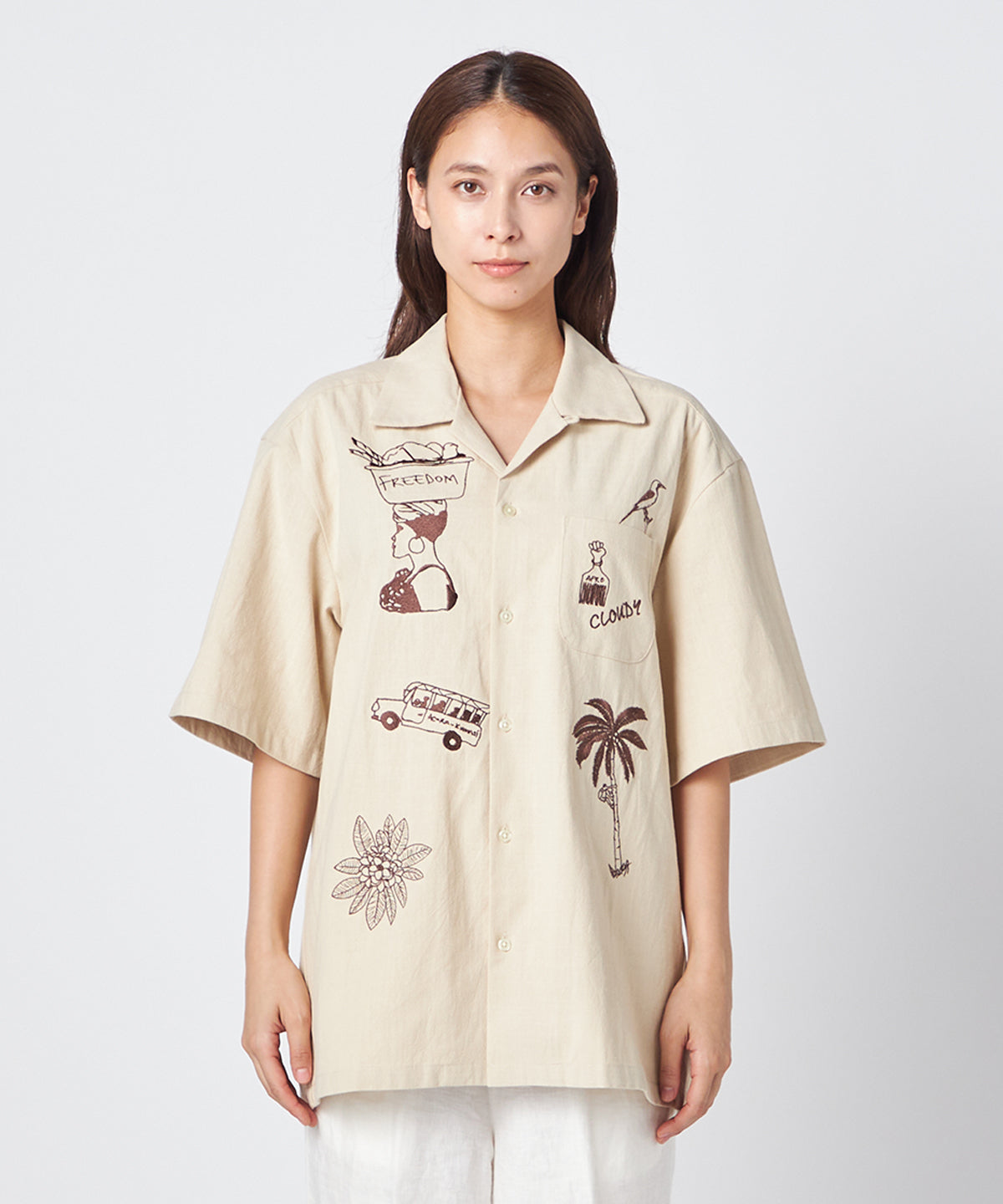 刺繍半袖シャツ "Everyday Ghana" BEIGE
