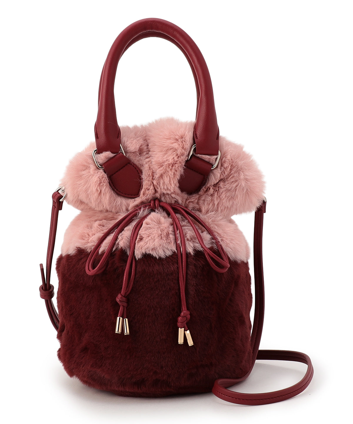 Eco Fur Drawstring Shoulder Bag PINK×BURGUNDY