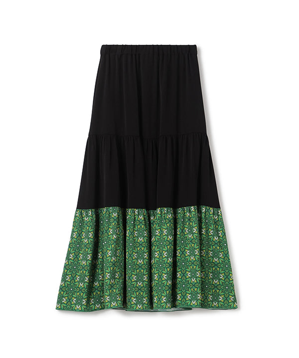 Tiered Skirt with Textile Pattern Hem BLACK