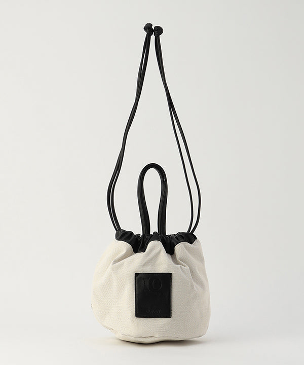 Canvas×Fake Leather Drawstring Bag BLACK