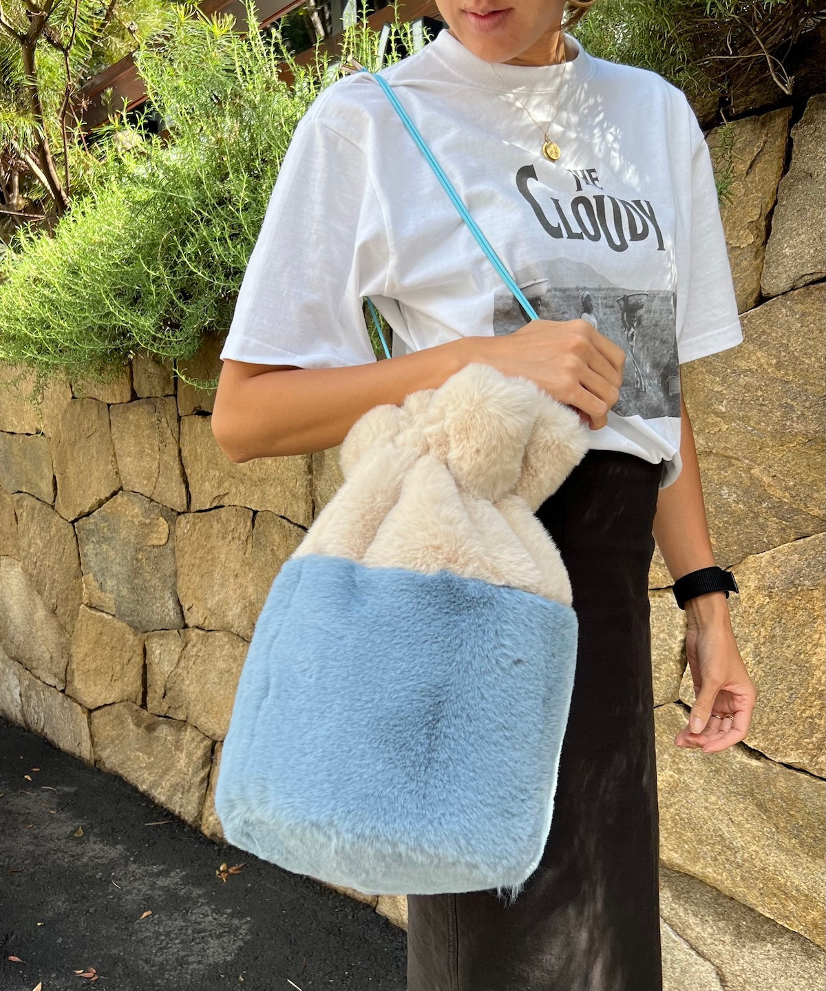 Eco Fur Drawstring Bag(Medium)GRAY×BURGUNDY