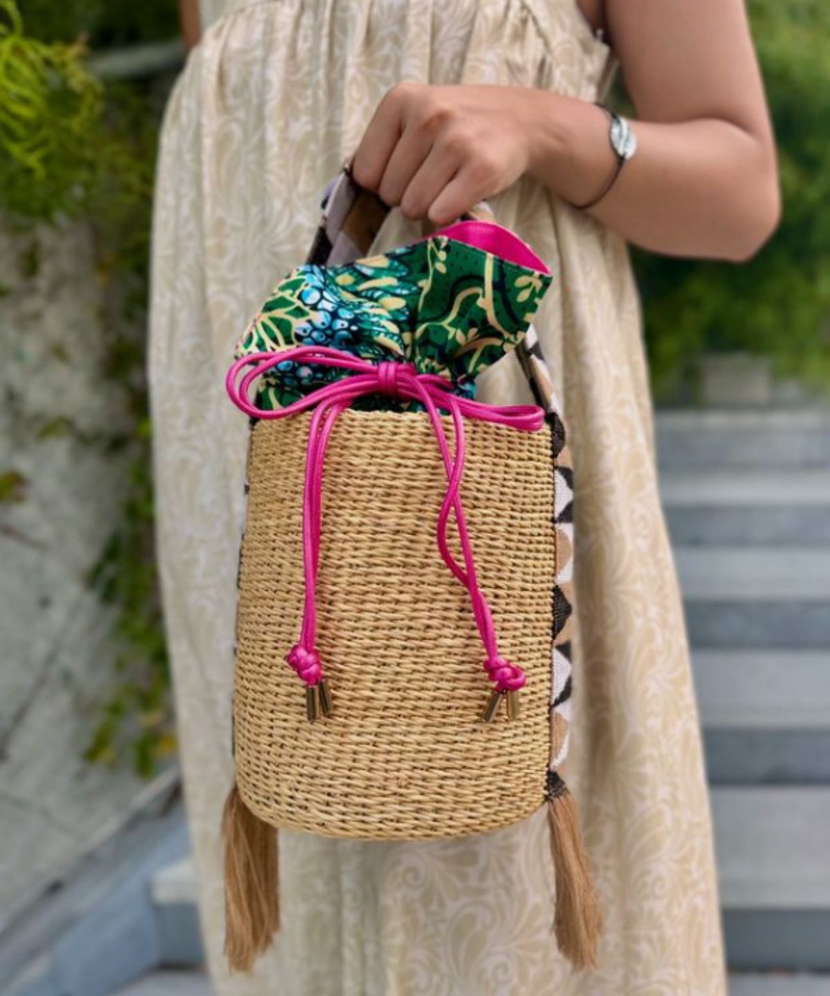 Kente Handle Tube Basket ORANGE