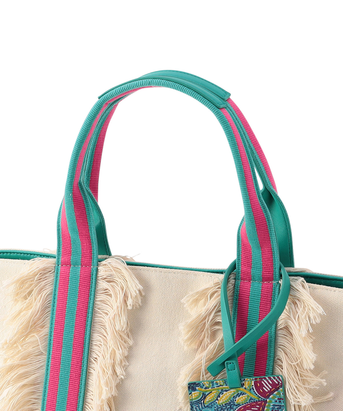 Canvas Kente fringe tote(Medium) E.GREEN/PINK