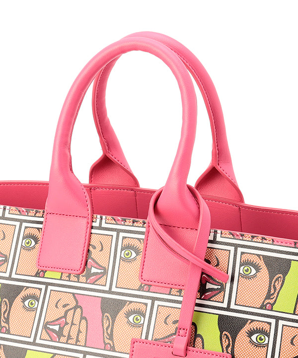 Printed Fake Leather 2Way Handbag Medium PINK Bag CLOUDY