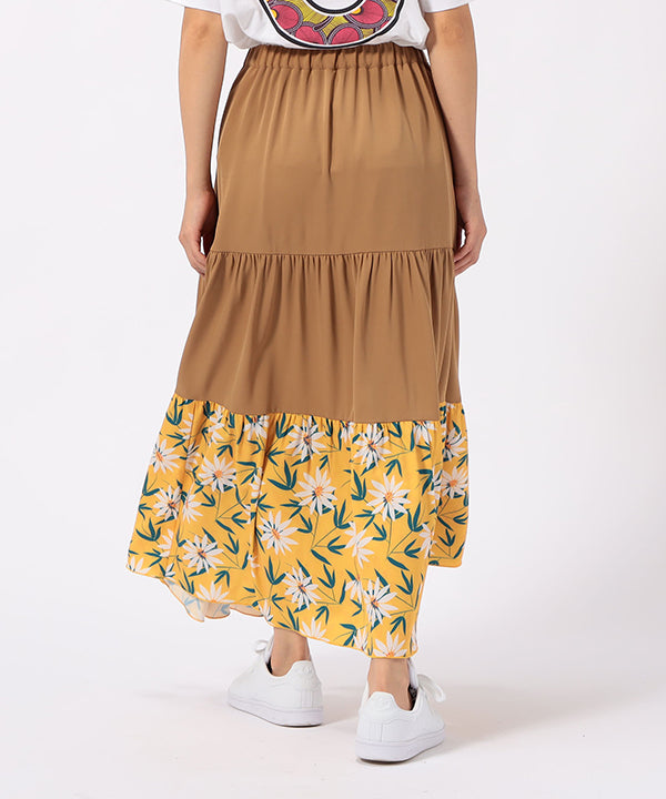 Tiered Skirt with Textile Pattern Hem BEIGE