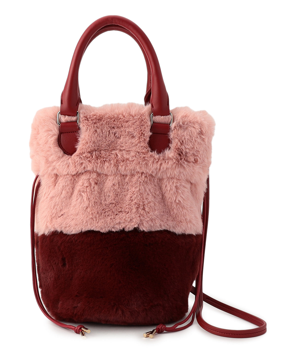 Eco Fur Drawstring Shoulder Bag PINK×BURGUNDY