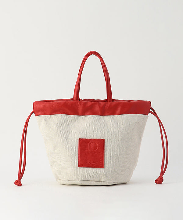 Canvas×Fake Leather Drawstring Bag RED