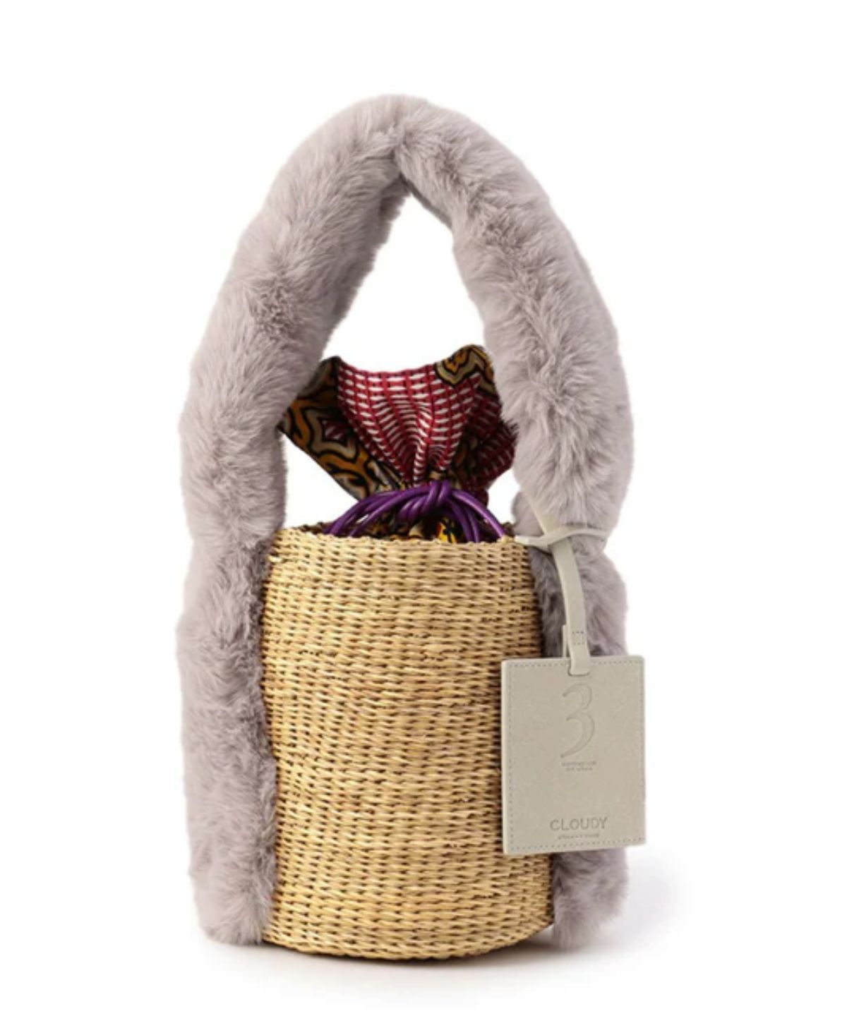 Eco Fur Handle Basket LIGHT GRAY