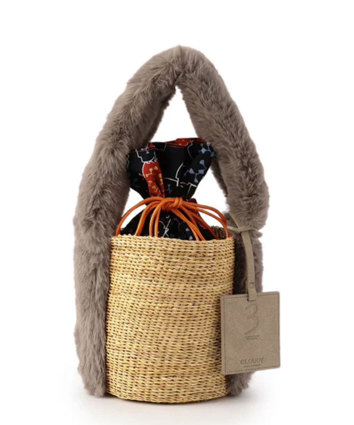 Eco Fur Handle Basket GREIGE