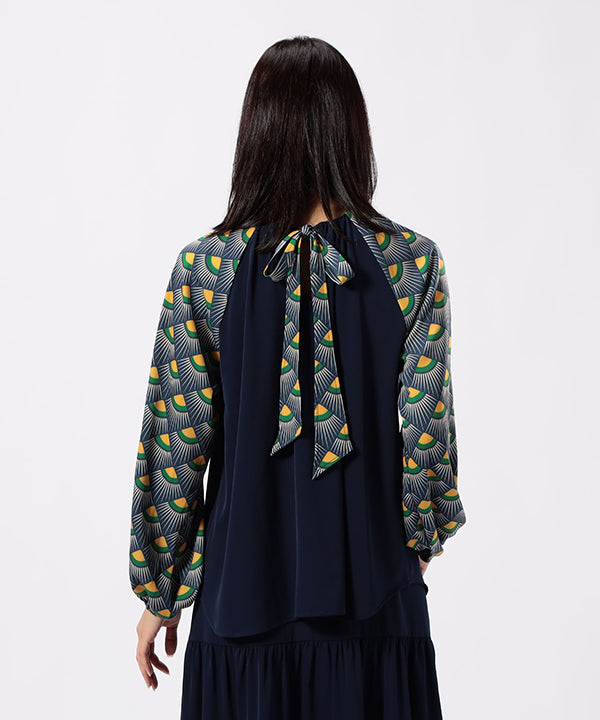Shirt Blouse Sleeves with Textile Pattern NAVY