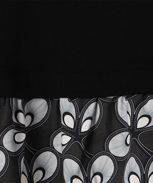 Cut and Sew with Textile Pattern Frilled Hem BLACK