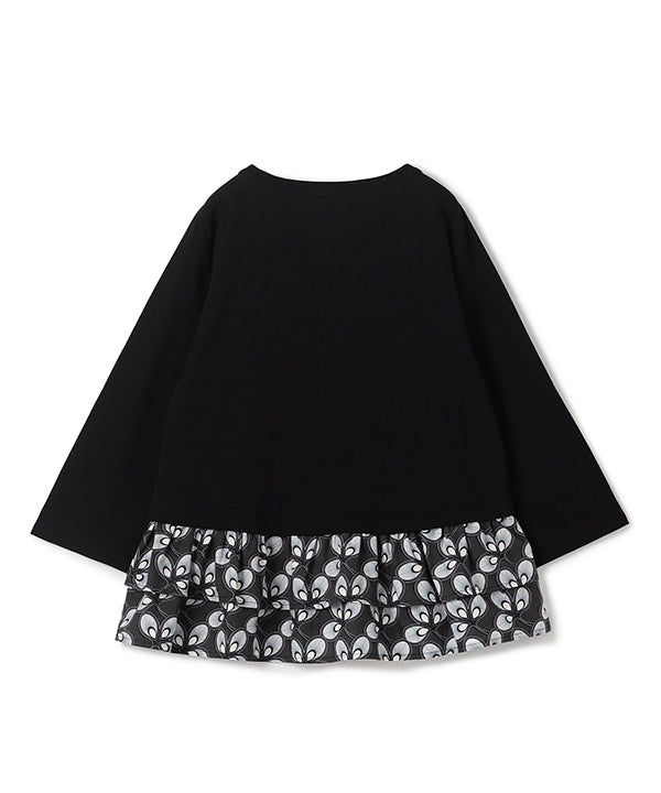 Cut and Sew with Textile Pattern Frilled Hem BLACK