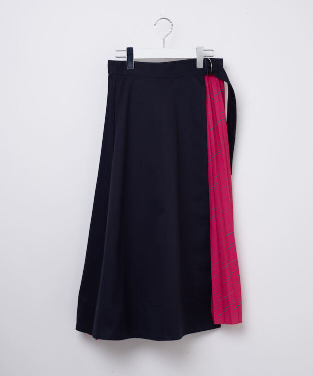 Pleated Combination Wrap Skirt NAVY × PINK